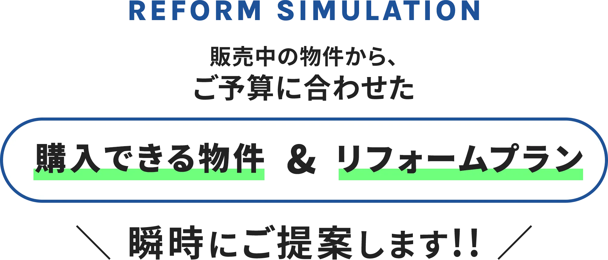 現在販売中の物件の中からあなたの今のご予算に合わせたお支払で購入できる物件とリフォームプランを今すぐ瞬時に表示します。